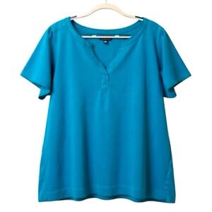 TOMMY HILFIGER Split V Neck Top Flutter Sleeve Teal Blue Cotton Plus Size 2X